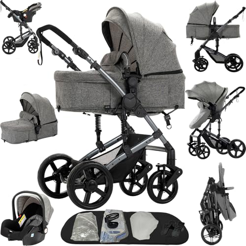 Reenborn Kinderwagen 3 in 1, Buggy mit Zwei Umkehrbaren Schiebemodi, Kinderwagen mit Rahmen Aluminiumlegierung, Kombikinderwagen 3 in 1 Komplettset Ein-Klick-Faltdesign (588 Grey)