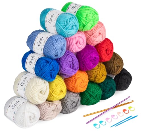 20 Farben Handstrickgarn, 600g (20x30g) 4-Fädig Handstrickgarn Acrylgarn Häkelgarn Set mit 2 Häkelnadeln+2 Nähnadeln+8 Markierungsschnallen Tragetasche Woll zum Häkeln und Kunsthandwerk (20 Farben)