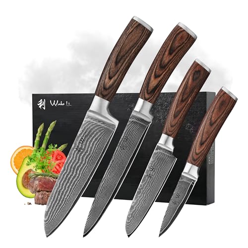 Wakoli EDIB 4-teiliges Küchenmesser Set aus Damaststahl (VG10 Kern) in edler Geschenkbox – Scharfes Damastmesser Set mit Pakkaholzgriffen – Messerset mit 2x Santoku, Fleischmesser & Officemesser