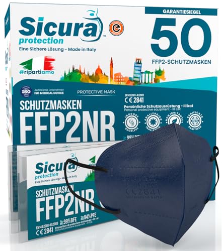 50 FFP2 Masken CE zertifiziert BLAU mit schwarzem Gummiband SAFE-Logo mit Prägung BFE ≥99% Made in Italy SANITIZED und einzeln versiegelt FFP2 Masken