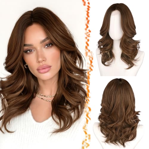 BARSDAR Kurze Gewellte Braun Ombre Perücke, Schulter Lange Braun Perücken für Frauen Kurze Lockere Wellen Layererd Perücke mit Face-Framing Curtain Pony Weiche Synthetik Natürlich Aussehend Party