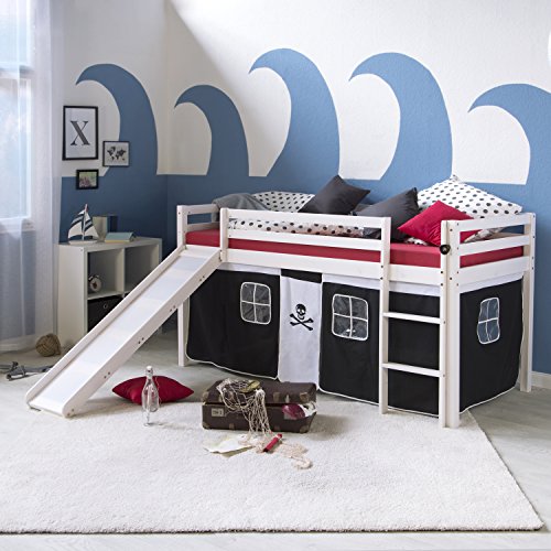 Homestyle4u Hochbett Pirat mit Rutsche 90x200 Halbhohes Kinderbett Piraten Design Weiß Schwarz aus Holz massiv, Kinder Hochbett mit Leiter & Absturzsicherung, Bett für Mädchen & Jungen