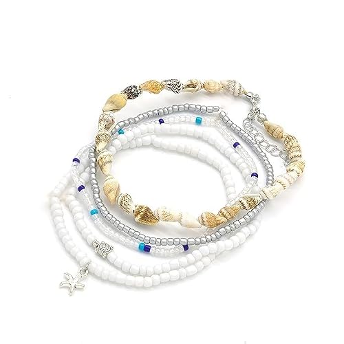 BelleVive 5er Set Perlen Fußkettchen, Verstellbares Gold Boho Muschel Fußkettchen, Hawaii Strand Muschel Perlen Scheibe Seestern Conch Fußschmuck, Sommer Mode Geschenke für Frauen