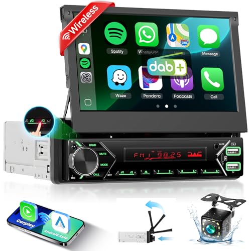 Podofo DAB+ 1 DIN Bluetooth-Autoradio mit CarPlay & Android Auto Wireless, mit motorisiertem Pop-up-Bildschirm, 7-Zoll-Touchscreen, Mirror Link FM, USB Typ-C, AUX-Mikrofon, Rückfahrkamera
