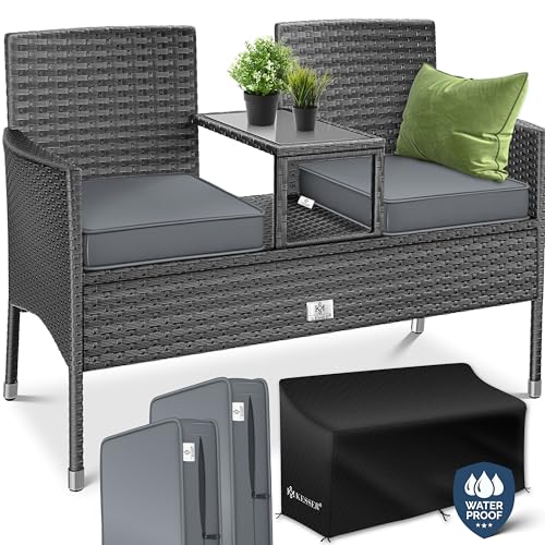 KESSER® Polyrattan Gartenbank 2-Sitzer mit integriertem Tisch, Anthrazit