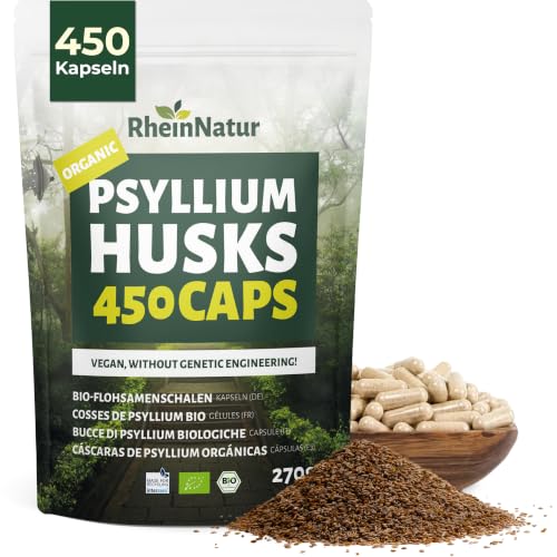 RheinNatur Bio Flohsamenschalen Kapseln - 450 Stk hochdosiert (3.000 mg je Portion) - Hergestellt in DE - Psyllium Husk Ballaststoffe – Flohsamen Kapseln