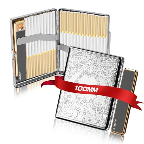 Lafagiet LF016 Vintage Zigarettenetui mit Feuerzeug für 100 's King Size, Retro Flower Metal 100mm Zigarettenetui für Männer Frauen Thanksgiving Christmas Day Geschenk
