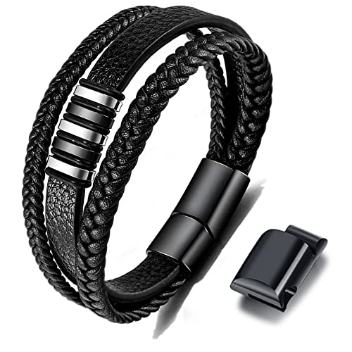 Geschenk für Männer - Herren Armband - Lerderarmband - Leder Armreif schwarz - geflochten Echtleder Breites Wickelarmband mit Magnet Verschluss