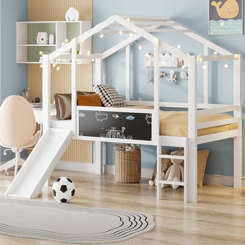 Huayz Kinderbett 90 x 200 cm, Hausbett mit Rutsche und Treppe, Etagenbett mit Graffiti-Tafel, Rausfallschutz, Multifunktionsbett Massivholzbett, Lattenrost aus Holz, Ohne Matratze