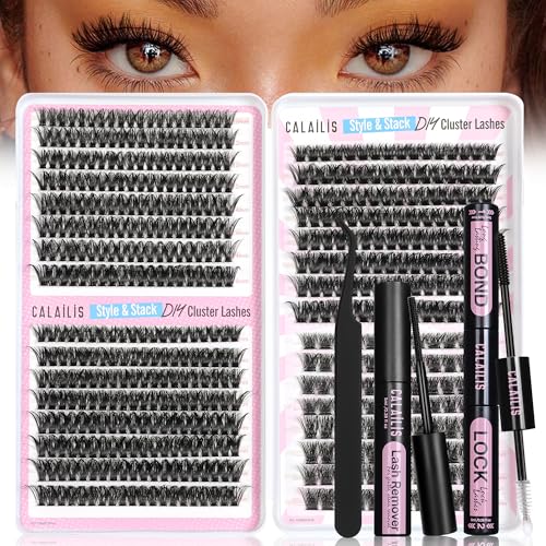 CALAILIS Wimpern Extensions Set, 4 Stile 544 Stück Cluster Lashes 60D+80D+100D+56D D Curl Lashes Extension Set mit Wimpernkleber und Sealer Lash Remover und Applikator (10-16mm)
