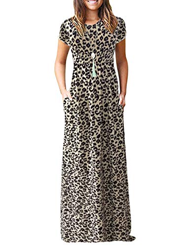 AUSELILY Damen Kurzarm Sommer Casual Long Maxi Kleider mit Taschen Leopard L