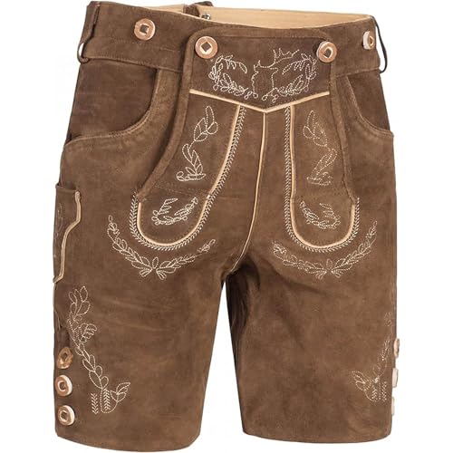 Lederhose Herren Oktoberfest Tracht Trachtenhose Trachtenlederhosen Kurz Mann Braun Bayrische Trachten Hose -Trachtenhose mit Trägern - Traditionelle Vintage Outfit Dunkelbraun. 