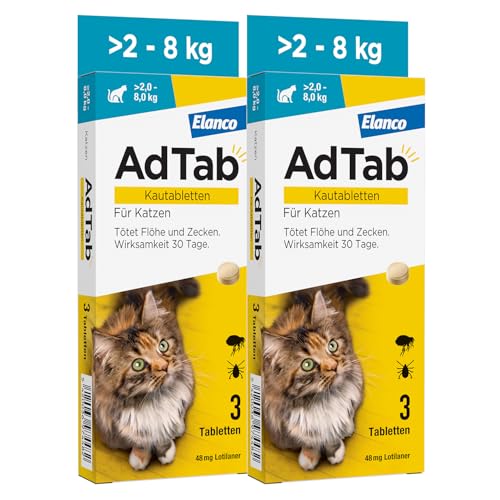 Sparset: Doppelpackung AdTab Floh- und Zeckenschutz für Katzen von über 2 bis 8 kg, Kautablette gegen Zecken und Flöhe, Schutz und Behandlung für 1 Monat, einfach zu verabreichen (3 St. pro Packung)