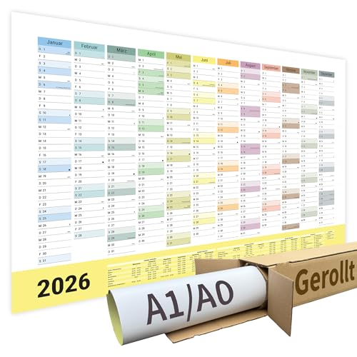 XL Jahreskalender Wandkalender 2026 | Gerollt verpackt ohne Knicke | Kalender | deutsche Feiertage + Ferien | Platz für Geburtstage + Termine (Jahresplaner 2026 | DIN A1 (59,4 cm x 84,1 cm), 1 Stück)