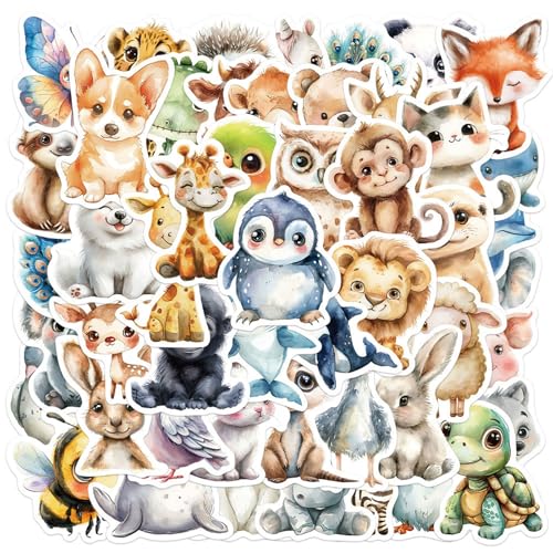 BETESSIN Tiere Sticker Set - 50 Stück Vinyl Stickers mit Niedlichen Aquarellen Tiere Motiven - Wasserfeste Aufkleber für Laptop, Telefon, Kindle, Wasserflasche, Fahrrad, Koffer, Scrapbook, Fotoalben