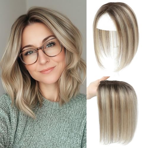 Haar Topper aus echtem Menschenhaar für Frauen mit dünner werdendem Haar 3 × 4,5zoll verbesserte Schweizer Spitzenbasis Perücken-Topper für Frauen (Ombre Light Brown with Blond Highlight)