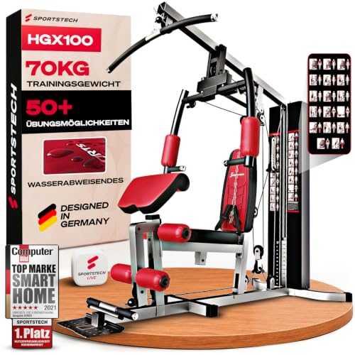 Sportstech, Kraftstation für Zuhause + bis 80 kg Gewichtsblock HGX100