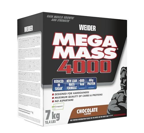 Weider Mega Mass 4000 - Weight Gainer Pulver mit 48g Protein & Kreatin pro Portion - Für Muskelaufbau & hohe Kalorienaufnahme - 7kg - Schokolade