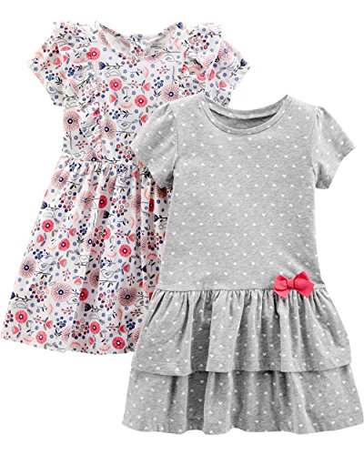 Simple Joys by Carter's Baby-Mädchen Short-Sleeve and Sleeveless Dress Sets, Pack of 2 Freizeitkleid, Grau Herzen/Weiß Floral, 4 Jahre (2er Pack)