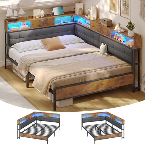 AOGLLATI Polsterbett Schlafsofa 140x200 mit 6 Staufächern Jugendbett 140x200 mit LED-Beleuchtung Tagesbett mit Steckdosen Gästebett Bettgestell mit Lattenrost aus Metall, Ohne Matratze (Grau)