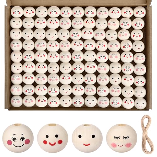 100 Stück Holzperlen mit Gesicht 20mm Holzkugeln Holzköpfe mit Gesicht für Sorgenwürmchen Natur Smile Face Bastelperlen Rund mit Holz für DIY Bastelarbeiten Bastelbedarf Schmuck Armband Halskette