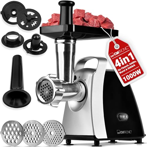 Clatronic® Fleischwolf 1000W Mit Aufsatz für Plätzchen & Spritzgebäck | 3 Metall-Scheiben | Vor-/Rücklauf | Wurstfüller | Metall-Hals u. Schnecke | FW 3803