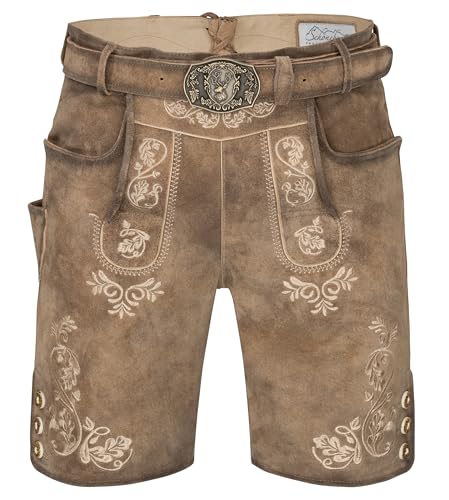 Schöneberger Trachten Couture Herren Lederhose kurz mit Trachtengürtel, traditionelle Vintage Trachtenhose für Oktoberfest aus Nubukleder, Lugano (48)