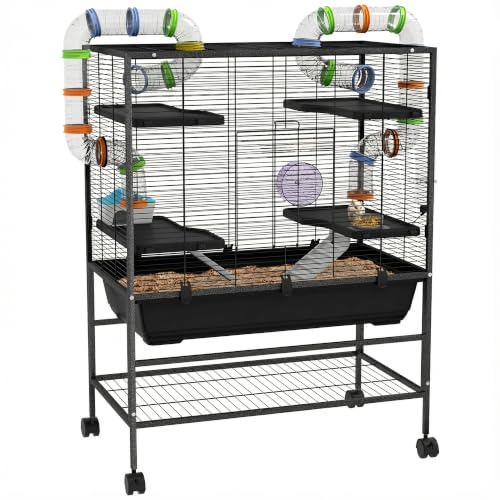 PawHut Hamsterkäfig mit Rädern, Röhren, Zubehör Syrische Hamster Schwarz