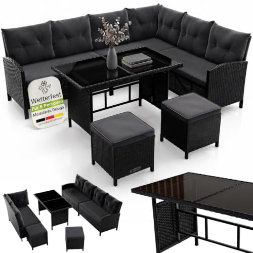 Juskys Polyrattan Lounge Manacor mit Ecksofa, Esstisch, 2 Hocker & Kissen - wetterfest bis 7 Personen - Bezüge waschbar - Rattan Garten Sitzgruppe Gartenlounge Gartenmöbel Set - Schwarz/Grau