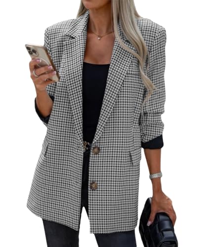 ebossy Damen Casual Oversized Blazer Anzug Revers Knopf Plaid Arbeit Büro Jacke Wolle Erbsenmantel, GRAU, M
