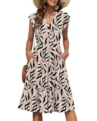 PLMOKEN Sommerkleid Damen Midi V-Ausschnitt A-Linie Kleider Kurzarm Rüschen Ärmel Lockeres Freizeitkleid Mit Taschen