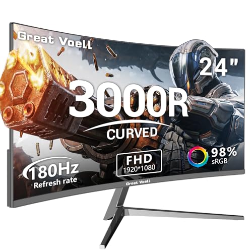 Great voell Gaming Monitor Curved 24 Zoll - 180Hz, Full HD 1920×1080 Pc Monitor, 3000R Curved Bildschirm, 4000:1 Kontrast, VESA 75x75 mm, HDMI/DP - Schwarz