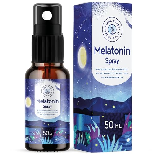 Melatonin Spray Hochdosiert - 400 Tage Vorrat (50ml) - mit Baldrian, Passionsblume, Melisse, Lavendel, Vitamin B6 & B1 - ohne Alkohol - Vegan - Himbeer-Geschmack - Alpha Foods
