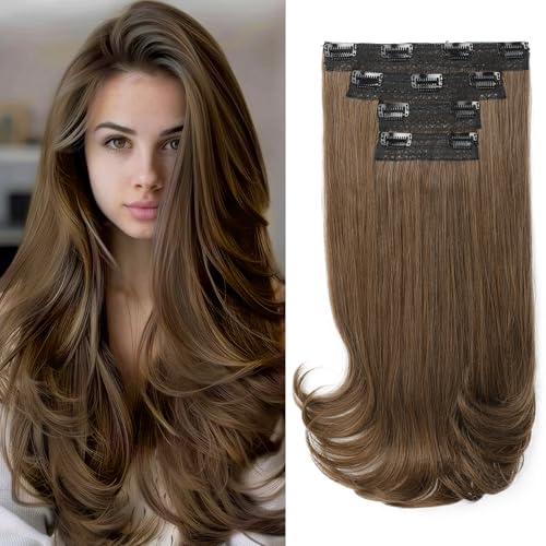 REECHO Clip-in Extensions - 4PC Hair Extensions Clip in Haarverlängerungen 40 cm, Layer-Cut, natürlich aussehende Haarteile mit unsichtbarem weichem Tressenband - Hellbraun