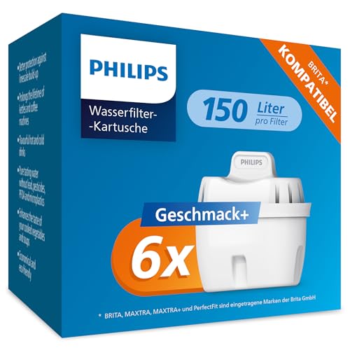 Philips Water Wasserfilter-Kartuschen Geschmack+, 6er-Pack, Brita-kompatibel, reduziert MIKROPLASTIK, CHLOR, KALK, SCHWERMETALLE