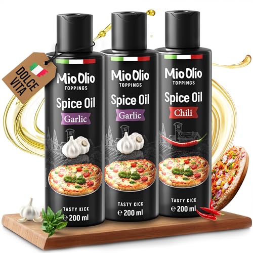 MioOlio Gewürzöl Set – 2×200 ml Knoblauchöl & 1×200 ml Chiliöl – aromatisiertes Öl zum Kochen, Braten & Verfeinern – praktischer Dosierer – für Pasta, Pizza, Fleisch, Fisch & Gemüse