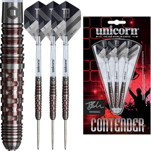 Unicorn Tom Bissell | Contender | 95% Tungsten Barrels Machined Grip with Purple Rings | Steel Tip Darts Set | The Bizzness | Nickel Volute Points | 22g