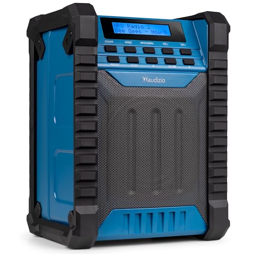 Audizio Jobsite - Baustellenradio DAB Plus Radio mit Bluetooth 5.0, Akku 8h, 100 Watt Leistung, IP54 Wasserdicht, FM, Tragegriff, DAB+, Werkstattradio mit AUX & USB, Outdoor Radio