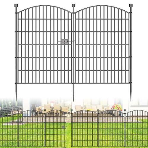 10 Panels Dekorative Gartenzaun Keine Grabenarbeit mit Tür – 102 cm (H) x 7,2 m (L), Hundezaun für Außenbereich im Garten, rostfreie Tierbarriere mit Bodenankern für Garten, Terrasse, Blumenbeet