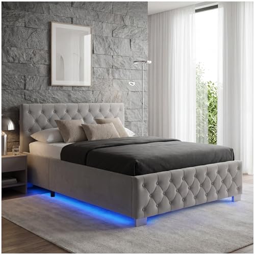 tectake® Polsterbett, 120x200cm, mit LED-Beleuchtung, 200kg Belastbarkeit, Stauraum, Gasdruckfeder, Chesterfield Samtbezug, Bettgestell, Lattenrost, Schlafzimmermöbel, Bettkasten - dunkelgrau