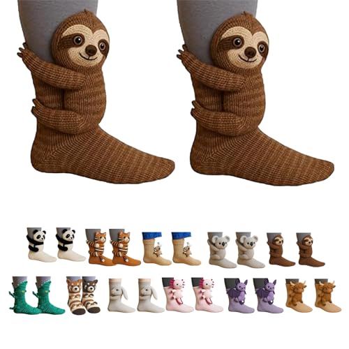 Dewppxi 3D Stricksocken Damen Mit Tieren, 3D Knit Animal Socks, Lustige Handgehäkelte Tiersocken, Weihnachten Winter Kuschelsocken Umarmung, Doppellagige Tiersocken Süße Cartoon Tier Socken (Style-A)