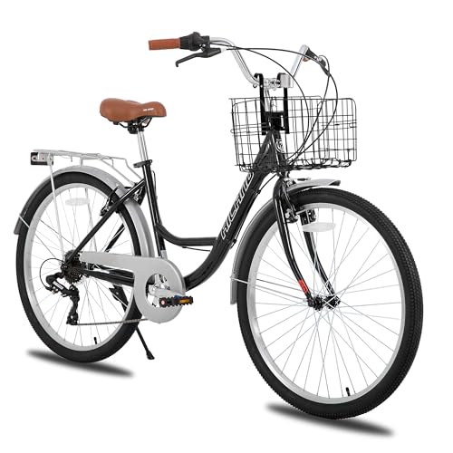 HILAND 26 Zoll Cityräder für Erwachsene, Step-Through Rahmen Damenfahrrad mit Gepäckträger und Korb, Herren und Damen 7 Gang-Schaltung Hollandfahrrad Citybike, City-Pendlerfahrrad für Männer, Schwarz