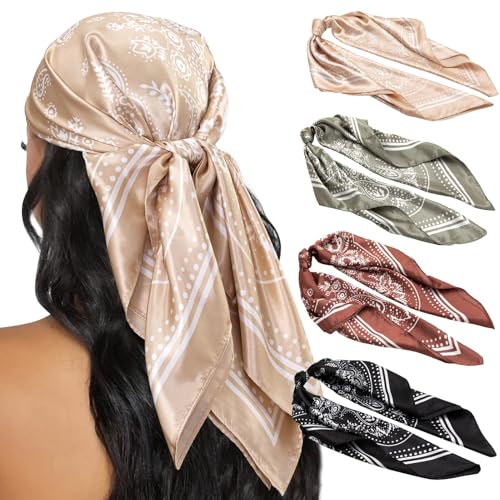 HBselect 4 Stk. Kopftuch für Frauen Schlaf 35“ Quadrat Schals für Damen Bandanas Haartuch Halstuch Haarschmuck Satin Schal Seidentuch für Haar 90×90cm KS4