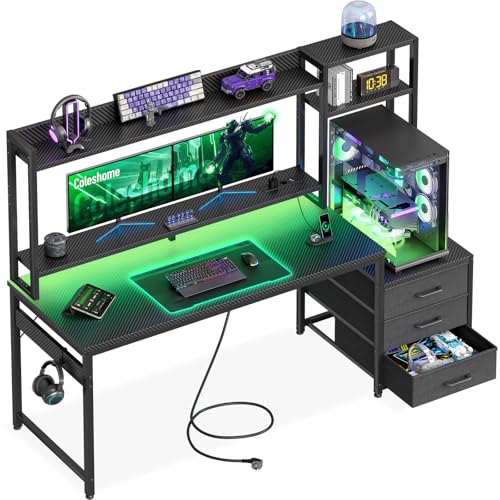 Coleshome Gaming Tisch mit Regal und Schubladen, 161 × 48 cm, Schwarz