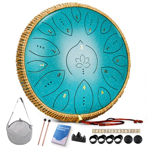 Zungentrommel 13 Zoll 15 Töne, Hand Pan Drums für Erwachsene 440hz, C-Dur Handpan Musikinstrument mit Liederbuch, Schlägeln und Tragetasche, Malachit-Grün