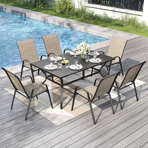 PHI VILLA 7-teiliges Gartenmöbel Set, Terrassenmöbel Outdoor mit 1 Rechteckig Gartentisch und 6 Textilene Stapelstühlen, Wetterfest E-Beschichtung Metall Gartenset für Hinterhof Veranda Poolbereich