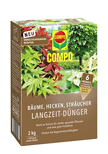COMPO Bäume, Hecken, Sträucher Langzeit-Dünger, Umweltschonendere Rezeptur, 6 Monate Langzeitwirkung, 2 kg, Für 40 Laufmeter Hecke