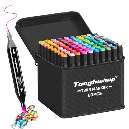 Tongfushop 80 Farben Alkohol Stifte Set, 2S Schnell Trocknende Doppelspitze Alkohol Marker, Meißel & Feine Alkoholmarker Filzstifte mit Anti-Seepage Abstandshaltern für Malerei Design Manga Skizzieren