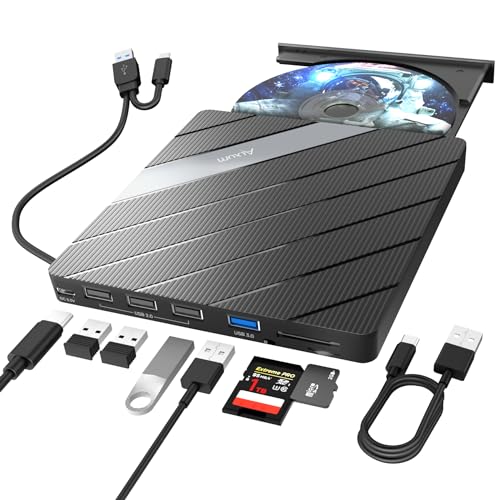 Alxum Externes DVD Laufwerk - USB 3.0 Type C CD Laufwerk extern USB mit SD/TF Kartenleser und USB Anschlüsse, Externer CD Brenner für Laptop,Desktop,Windows,Linux,Mac OS,Vista