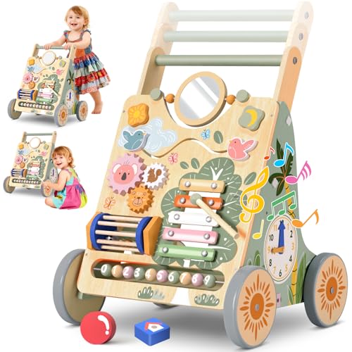 Baby Lauflernwagen Holz, Baby Lauflernhilfe Höhen- und Geschwindigkeitsverstellbar, Montessori Spielzeug ab 1 Jahr, Baby Walker für Jungen und Mädchen, Geschenk zu Weihnachten und Geburtstag